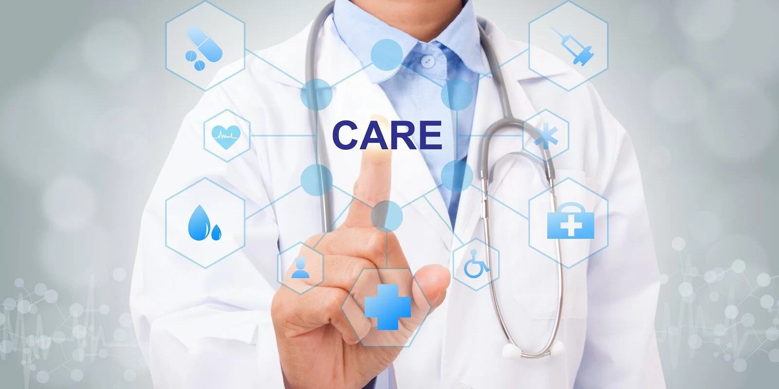 doctor hand touching care sign on virtual screen